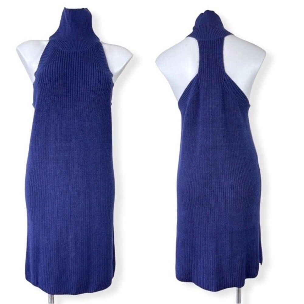 NWT Callahan Fisher Mini Blue Knit High Neck Racer Back Sweater Tank Dress L - Picture 2 of 12